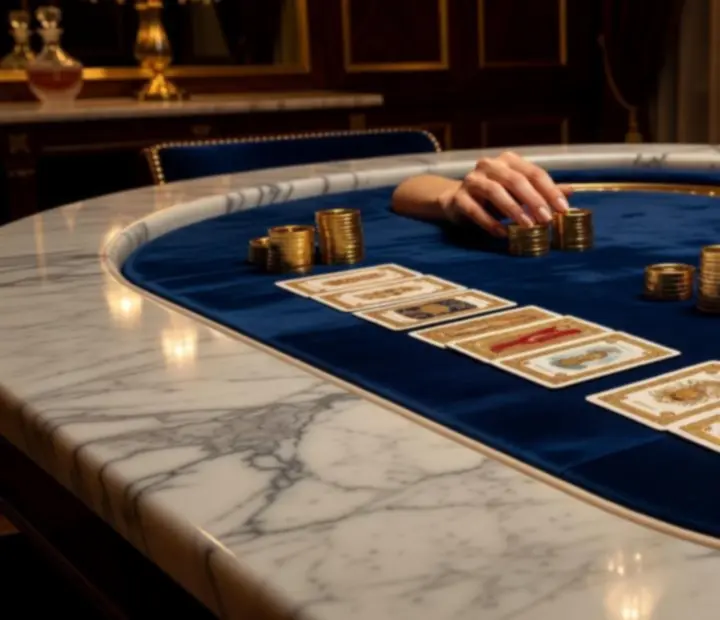 Détail premium d'une table de poker décorative lors d'un événement Clairive