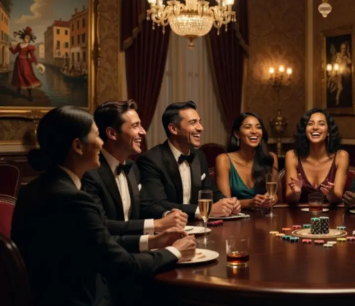 Invités en train d'échanger autour d'une table de poker social dans une ambiance élégante