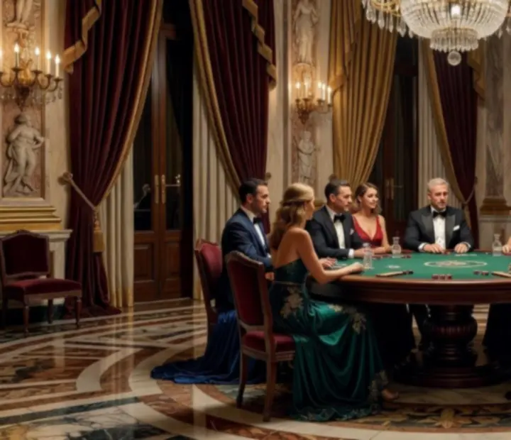 Table de poker élégante dans une ambiance de palais vénitien avec des invités en tenue de soirée